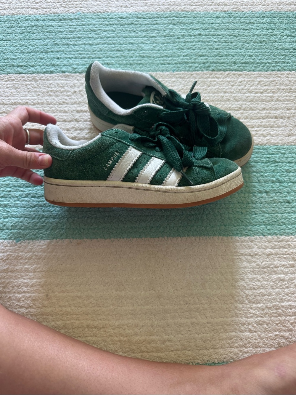 adidas Kids Green Suede Sneakers with White Stripes